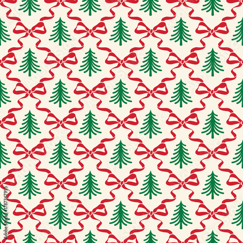 Seamless Christmas Pattern With Bow And Christmas Tree On Ivory Background