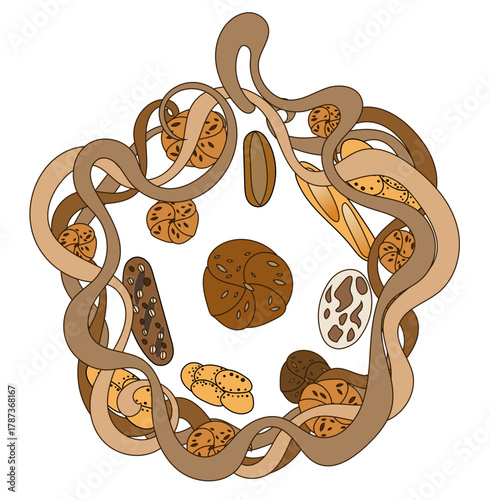 An Art Nouveau style frame made of entwined vines, surrounding a circle of bread with a big Kaiser roll in the middle. Bread types include floor bread, baguette, pistolet, Semmel and multigrain bread.