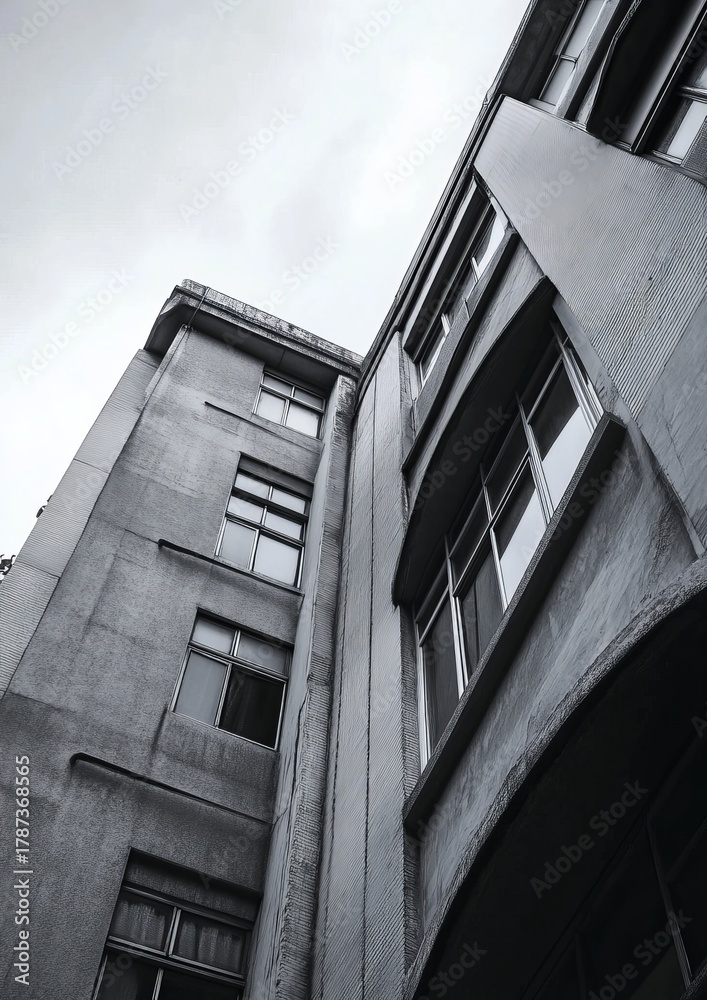 Obraz premium Low-angle view of a weathered, multi-story concrete building