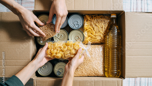Wallpaper Mural Hands placing canned food pasta grains and cooking oil into cardboard donation box top view concept of charity food drive and community support warm and caring atmosphere Torontodigital.ca