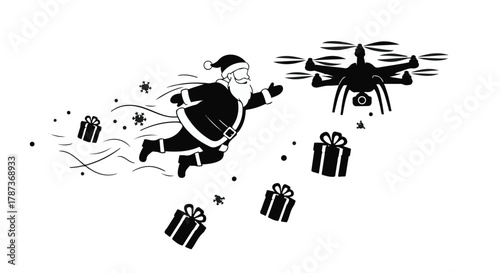 Santa Claus flying with a drone to deliver gifts during Christmas