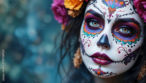 Día de los Muertos Sugar Skull Portrait with Floral Crown and Vibrant Face Paint