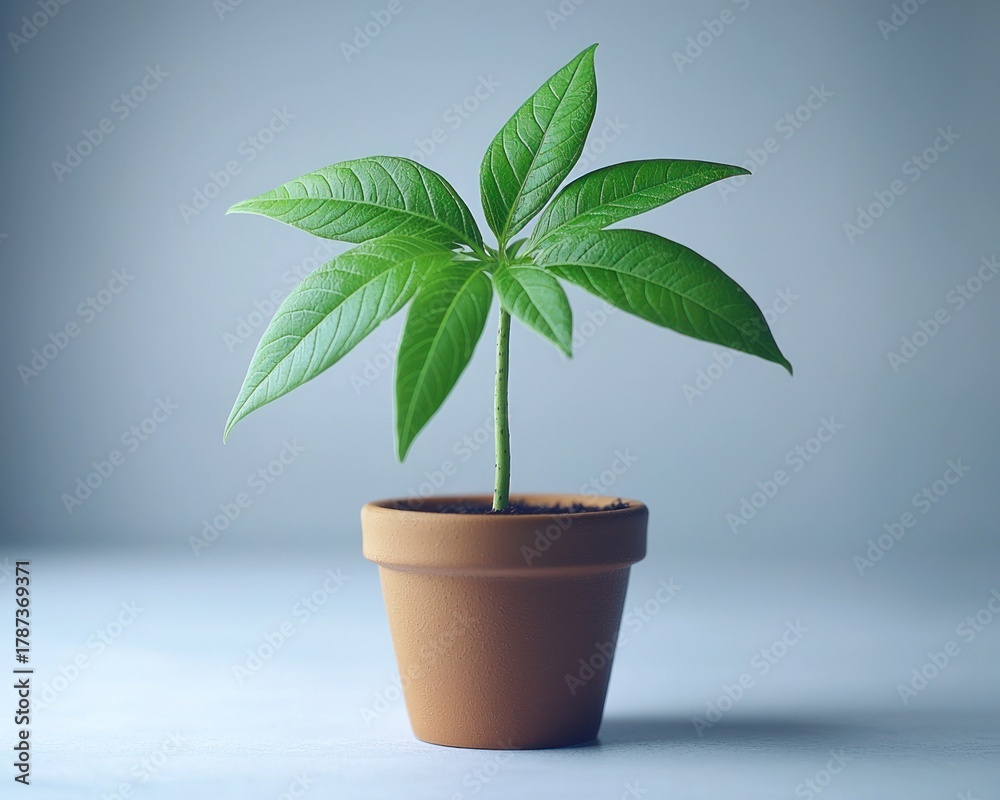 Fototapeta premium Young plant with bright green leaves in a small terracotta pot on gray background
