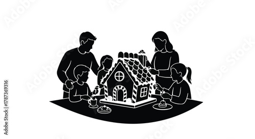 Happy family creating a festive gingerbread house together, enjoying a sweet holiday activity.