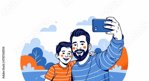 Father and Son Taking a Selfie Together in a Park Illustration