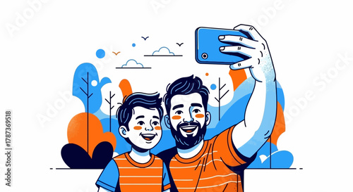 Father and Son Bonding Capturing Memories with a Cheerful Smartphone Selfie