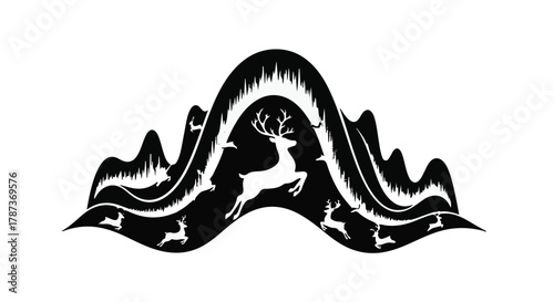 Majestic stag leaps through a snowy mountain landscape under the aurora borealis with playful reindeer.