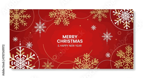 Elegant Christmas and New Year's Greeting Card with Gold and White Snowflakes