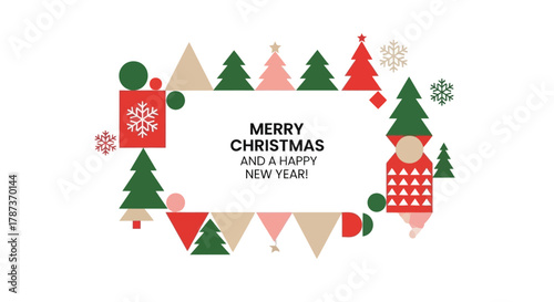 Geometric Christmas Frame with Trees and Decorations