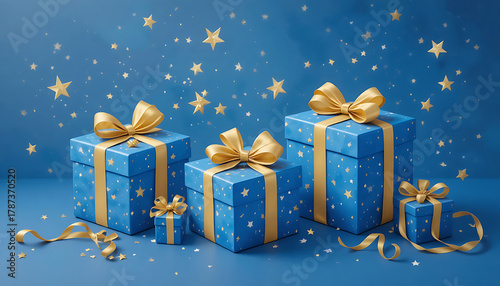 Blue Gift Boxes with Golden Ribbons and Stars in Festive Holiday Arrangement