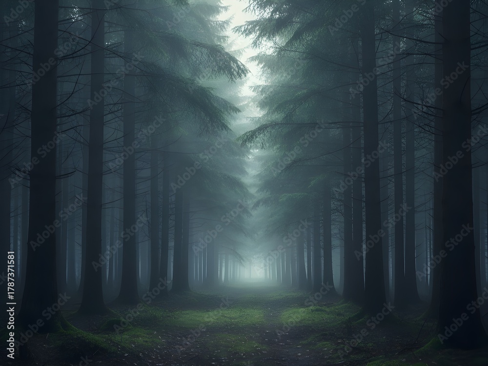 Naklejka premium Mysterious Foggy Dark Forest with Tall Pine Trees and Pathway