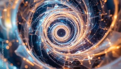 Abstract Tunnel of Concentric Circles with Glowing Geometric Lines and Void Center