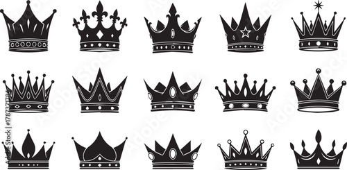 Set of black vintage royal crown vectors and silhouettes isolated for logo or graphic design