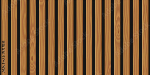 Background with wood wall with vertical planks. Horizontal seamless pattern with 3d panels with brown wooden texture. Modern interior decor with lath, vector realistic illustration