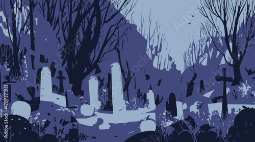 Dark and mysterious graveyard illustration at night, featuring eerie gravestones, crosses, and silhouetted trees in a somber blue palette.