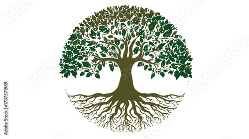 Vibrant Green Tree of Life with Roots and Leaves in a Circular Graphic Element on White Background
