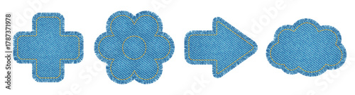Denim patches with stitch embroidery in shape of arrow, flower, cloud and plus. Blue jeans labels with torn edges. Patchwork pieces with blue denim texture, vector illustration