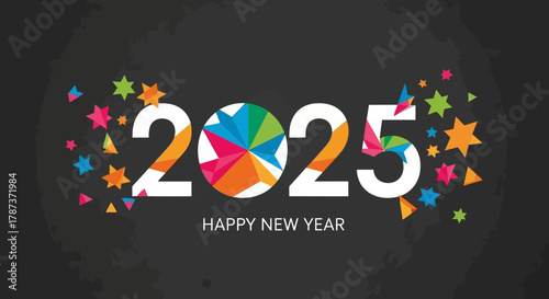 Festive 2025 New Year Celebration Design with Geometric Shapes and Colorful Star Accents