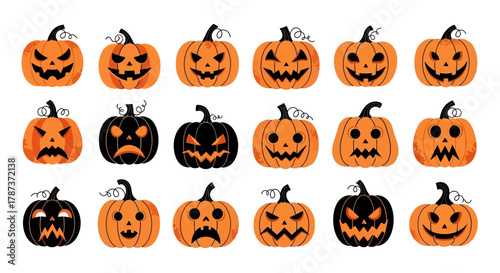 Collection of Spooky Halloween Pumpkins with Different Carved Faces