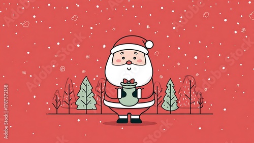 Charming hand drawn santa claus with gift and snowy trees on a festive red background perfect for holiday greetings and decorations
