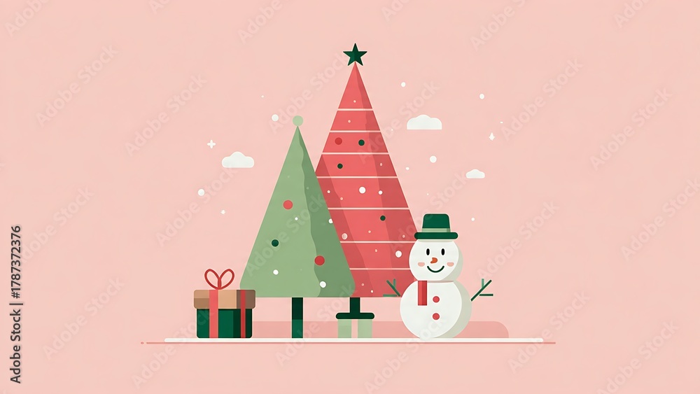 Fototapeta premium Charming flat illustration of two stylized christmas trees a snowman and a gift box on a soft pink background with falling snow