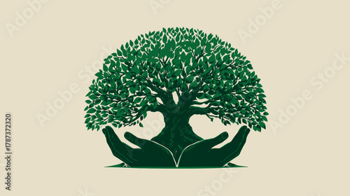 Stylized green tree growing from cupped hands, symbolizing nature protection, environmental conservation, growth, and ecological care.