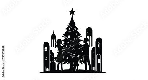 Family silhouette decorating a Christmas tree in a stylized cityscape at night