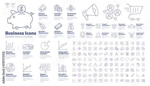 Business Icons Set Editable Line Style