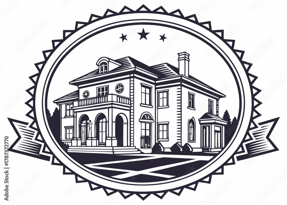 Fototapeta premium Illustration of a large house with columns and a balcony inside of an ornate circular emblem design created with generated ai