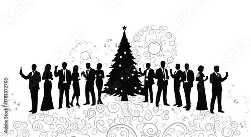 Silhouettes of people celebrating around a decorated Christmas tree with festive swirls.