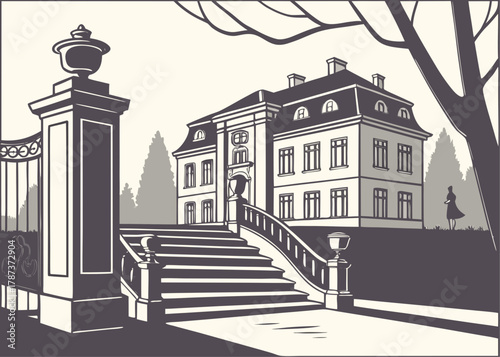 Illustration of a mansion with a grand staircase and gate with a woman standing in the background created with generated ai