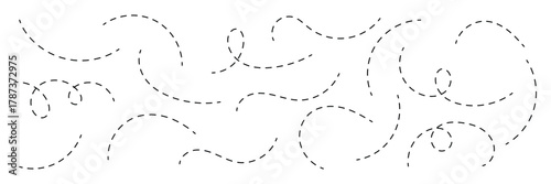 Hand drawn dotted line vector set . Hand sketched curly border. Minimalist looping squiggle line collection. Decorative swirl and border element. Dotted spiral curvy line . eps 10 