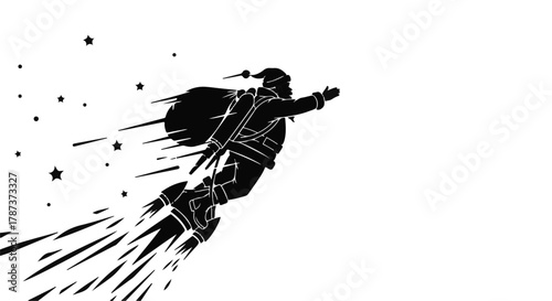 Whimsical silhouette of Santa Claus soaring through the night sky with a jetpack, delivering holiday cheer.