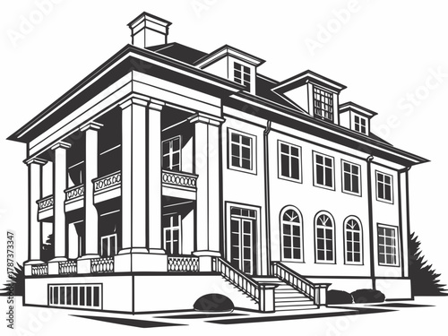 Illustration of a large two story house with columns and multiple windows in black and white outline style created with generated ai