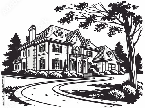 Illustration of a large two story house with a driveway and trees in a black and white design created with generated ai