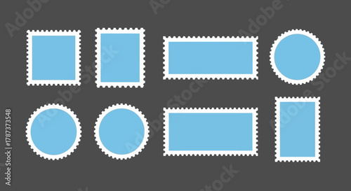 Collection of blue stamps in various shapes on a gray background for design or decoration