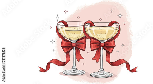 Festive Champagne Toast Two Elegant Glasses Adorned with Red Ribbons