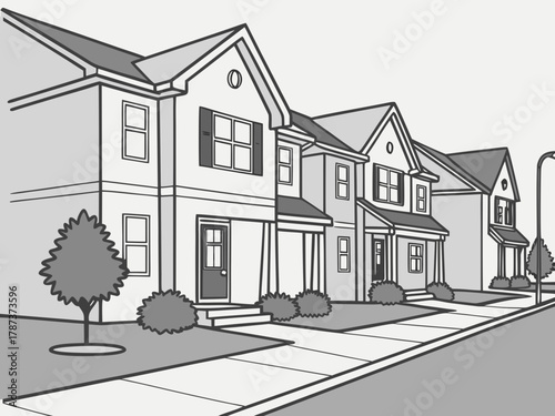 Illustration of a row of houses with trees and bushes lining the sidewalk in a suburban neighborhood created with generated ai