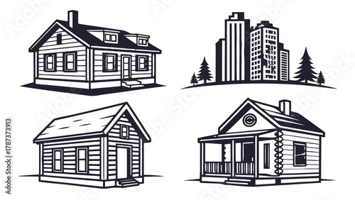Illustration showing four different types of buildings including houses and city skyscrapers in black and white created with generated ai