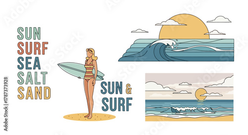 Surfing and Summer Theme Illustration Set for Fun and Recreation