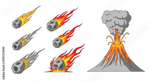 Set of Meteoroids with Fire Trails and Erupting Volcano Illustration