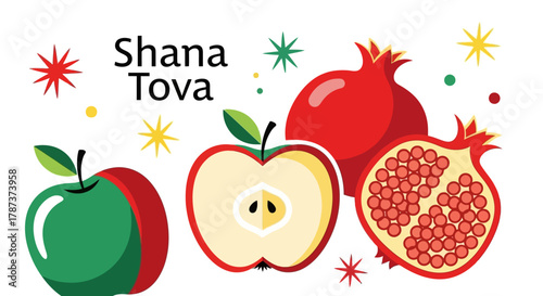 Celebrate Shana Tova Festive Rosh Hashanah Apples and Pomegranates Illustration