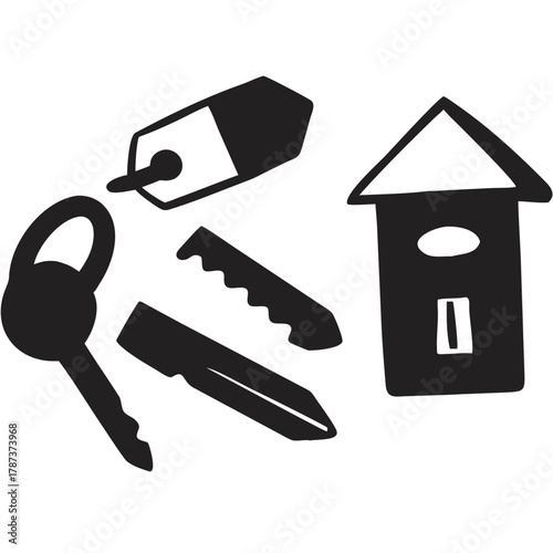 Illustration of a house shape with keys, including a tag, in a monochrome black and white design created with generated ai