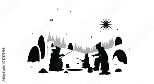 Cozy winter scene with silhouettes of people ice fishing under a starry night sky.