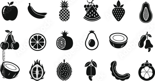 Exotic tropical fruit icon set. Black silhouette clipart of apple, banana, pineapple, watermelon slice, strawberry, papaya, pear, citrus slice, pomegranate, avocado, coconut, dragon fruit, durian, tam