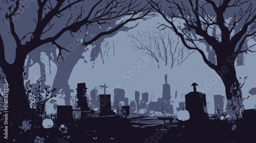 Eerie night cemetery illustration with silhouetted gravestones, bare trees, and mysterious fog, perfect for spooky themes