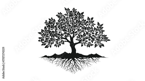 Stylized black silhouette of a strong tree with lush foliage and visible deep roots. Nature, growth, and foundation concept.