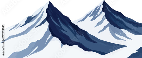 Snowy mountain peaks illustration. Blue alpine range with sharp ridges and shadows; minimal winter landscape; isolated on white; flat vector style.
