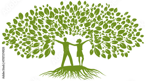 Green family tree concept with adult and child silhouettes, lush leaves, and roots, symbolizing growth, life, nature, and unity.