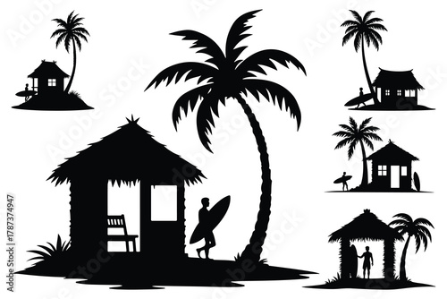 Tropical beach huts with palm trees and surfers silhouettes